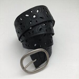 Fossil Black Flower Tooled Leather Belt